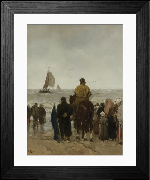 Framed Print : Arrival of the Boats, by Jacob Maris, 1884, Dutch painting, oil on canvas. At Scheveningen, beach at The Hague, the horse would haul the fishing ships onto the beach
