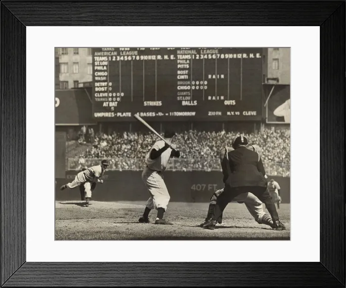 Framed Print : Cleveland Indians, Bob Feller, pitching to New York Yankees Joe DiMaggio. April 30, 1946. Frankie Hayes was catching, and the umpire is Eddie Rommel Framed Print : Cleveland Indians, Bob Feller, pitching to New York Yankees Joe DiMaggio. April 30, 1946. Frankie Hayes was catching, and the umpire is Eddie Rommel