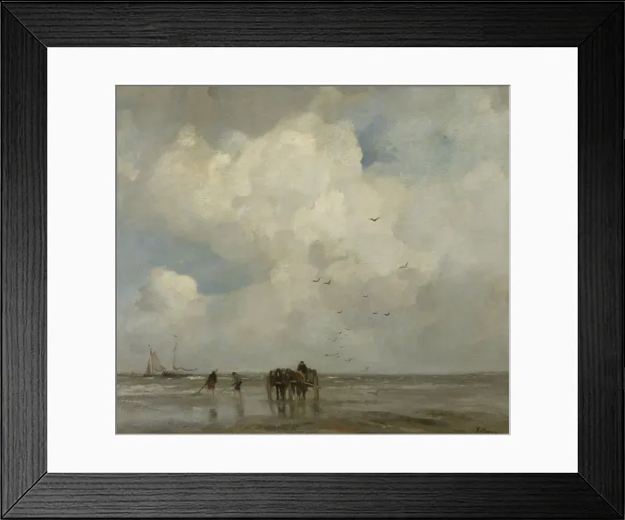 Framed Print : Shell Fishing, by Jacob Maris, 1885, Dutch painting, oil on canvas. People on beach fishing with nets for shellfish as a two horse cart stands by. (BSLOC_2016_1_220) Framed Print : Shell Fishing, by Jacob Maris, 1885, Dutch painting, oil on canvas. People on beach fishing with nets for shellfish as a two horse cart stands by. (BSLOC_2016_1_220)