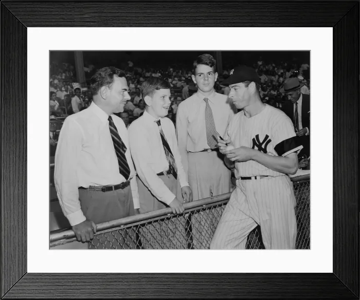 Framed Print : Joe Di Maggio autographs baseball for Gov. Thomas Dewey's sons, Tommy and Johnny. 1948. - (BSLOC_2014_17_166)