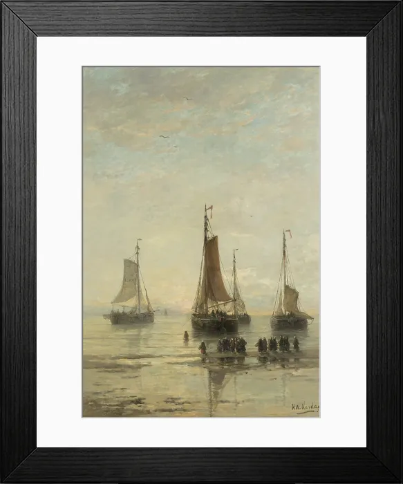 Framed Print : Bluff-Bowed Scheveningen Boats at Anchor, by Hendrik Willem Mesdag, 1860-89, Dutch oil painting on canvas