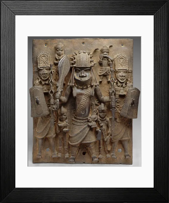 Framed Print : PLAQUE WARRIOR AND ATTENDANTS, 16th-17th c. Nigeria, Africa, Court of Benin, sculpture, cast brass. This work hung on the exterior of the royal palace in Benin City