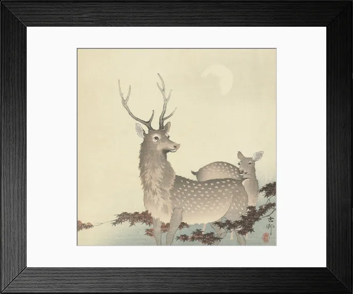 Framed Print : Two Deer, by Ohara Koson and Matsuki Heikichi, c. 1900-30, Japanese print, woodcut, (BSLOC_2016_1_238)