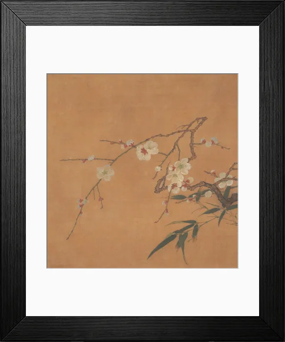 Framed Print : FLOWERING PLUM AND BAMBOO, Chinese, 17th c. painting, album leaf, ink, color on silk. The branches with flowers and leaves are painted in a delicate realist style Framed Print : FLOWERING PLUM AND BAMBOO, Chinese, 17th c. painting, album leaf, ink, color on silk. The branches with flowers and leaves are painted in a delicate realist style