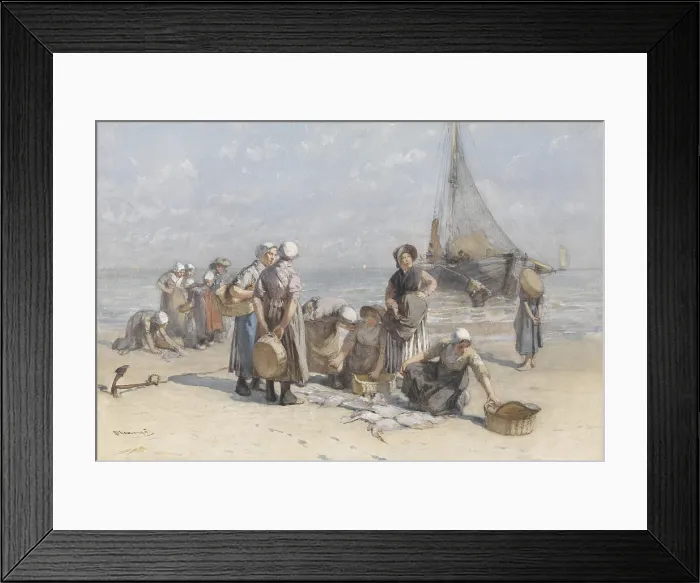 Framed Print : Fishwives on the Beach at Scheveningen, by Bernardus Johannes Blommers, c. 1880-85, Dutch painting, watercolor