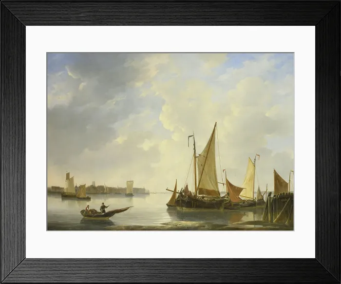 Framed Print : Dordrecht from Papendrecht, by Christiaan Lodewijk Willem Dreibholtz, 1830-37, Dutch oil painting. Fishing boats are moored in the foreground. (BSLOC_2016_1_209)