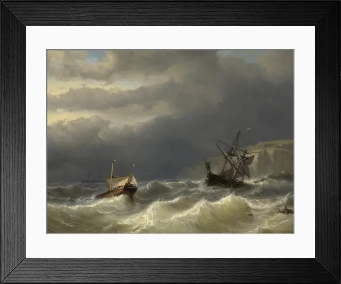 Framed Print : Storm in the Strait of Dover, by Louis Meijer, 1819-66, Dutch painting, oil on panel. Ships at sea near the Dover coast during a storm
