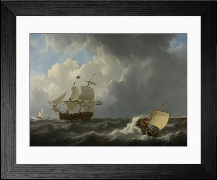 Framed Print : Ships in a Turbulent Sea, by Johannes Christiaan Schotel, 1826, Dutch painting, oil on canvas. Four ships in rough sea, with a Dutch warship in the foreground. (BSLOC_2016_1_211)