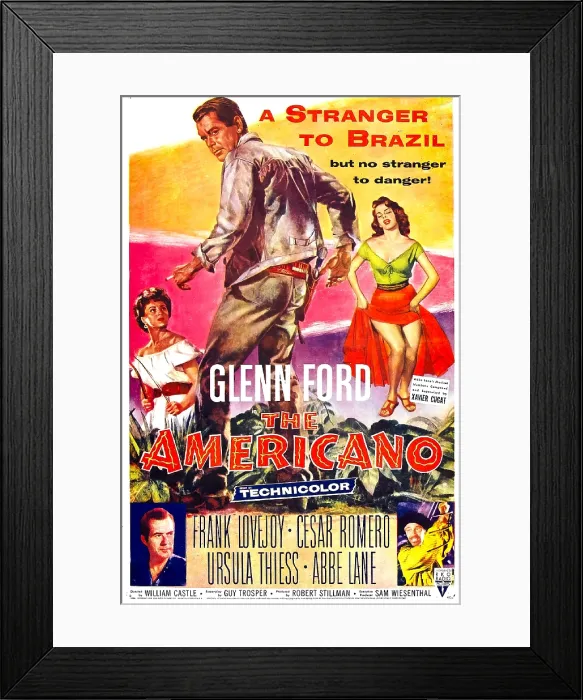 Framed Print : THE AMERICANO, US poster, from left: Ursula Thiess, Glenn Ford, Abbe Lane, bottom left: Frank Lovejoy, bottom right: Cesar Romero, 1955