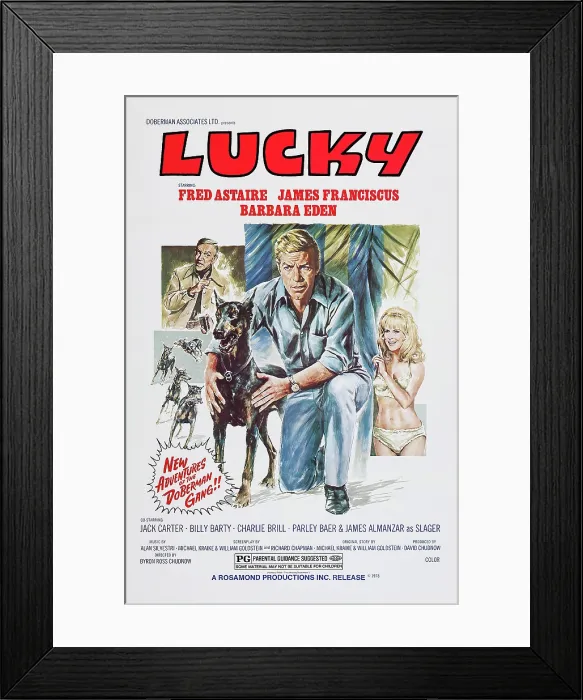 Framed Print : THE AMAZING DOBERMANS, (aka LUCKY), l-r: Fred Astaire, James Franciscus, Barbara Eden on poster art, 1976 Framed Print : THE AMAZING DOBERMANS, (aka LUCKY), l-r: Fred Astaire, James Franciscus, Barbara Eden on poster art, 1976