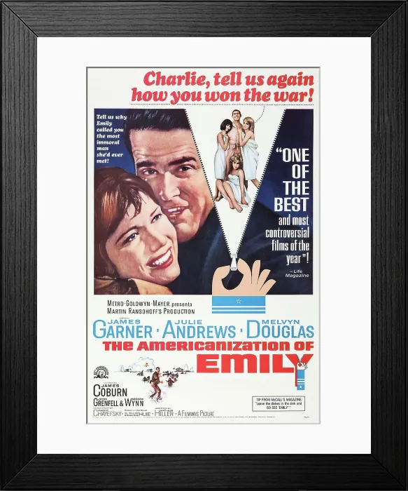 Framed Print : THE AMERICANIZATION OF EMILY, US poster, from left: Julie Andrews, James Garner, Judy Carne, James Coburn, Kathy Kersh, Janine Gray (seated), 1964