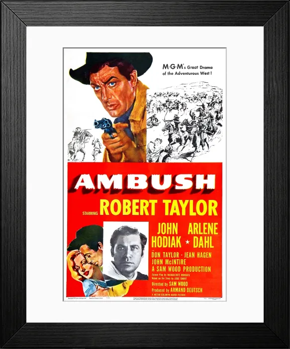 Framed Print : AMBUSH, US poster, Robert Taylor (top), bottom from left: Arlene Dahl, Robert Taylor, John Hodiak (inset), 1950