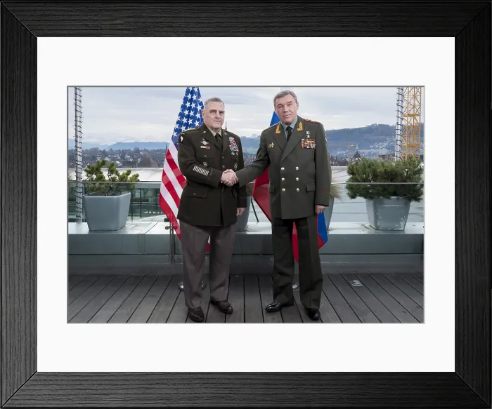Framed Print : US and Russian army chiefs, Chairman of the Joint Chiefs of Staff Gen. Mark A. Milley and Russian General Staff Gen. Valery Gerasimov meet in Bern, Switzerland, Dec