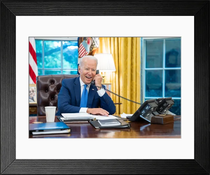 Framed Print : President Joe Biden on the phone with James Murray, Director of the US Secret Service, July 12, 2021, in the Oval Office of the White House (BSLOC_2021_14_7) Framed Print : President Joe Biden on the phone with James Murray, Director of the US Secret Service, July 12, 2021, in the Oval Office of the White House (BSLOC_2021_14_7)