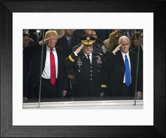 Framed Print : President Donald Trump and VP Mike Pence salute inaugural parade from White House reviewing stand, Jan. 20, 2017