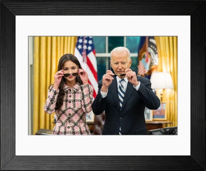 Framed Print : President Joe Biden records a video address with Olivia Rodrigo to promote COVID-19 vaccinations to young people, July 14, 2021, in the White House Oval Office (BSLOC_2021_14_8)