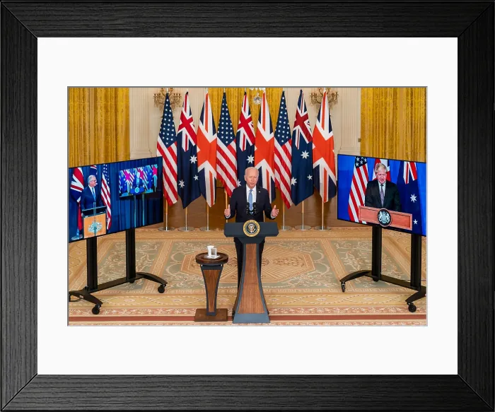 Framed Print : President Joe Biden delivers remarks at a virtual trilateral press statement with the Prime Minister of Australia, Scott Morrison, Britains Boris Johnson, Sept. 15, 2021