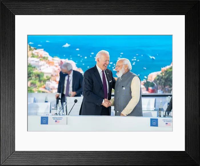 Framed Print : President Joe Biden greets India Prime Minister Narendra Modi at the Global Summit on Supply Chain Resilience in Rome, Italy Framed Print : President Joe Biden greets India Prime Minister Narendra Modi at the Global Summit on Supply Chain Resilience in Rome, Italy