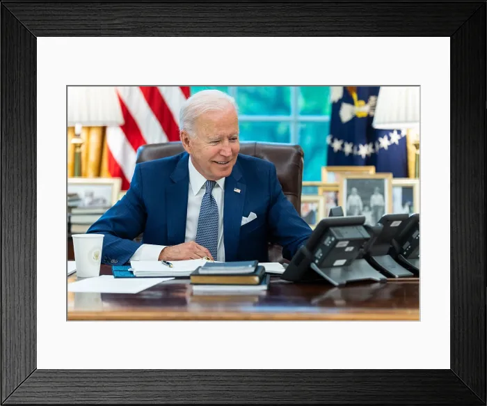 Framed Print : President Joe Biden talks on the speaker phone with French President Emmanuel Macron, Sept. 22, 2021