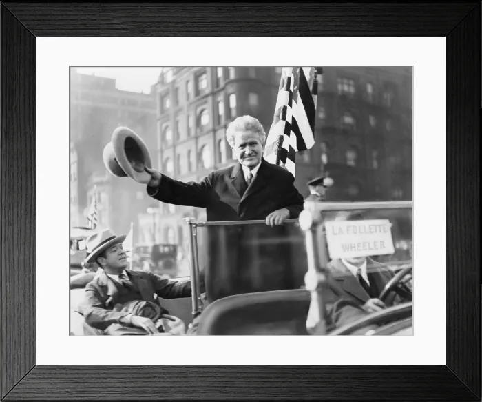 Framed Print : Robert Marion La Follette waving his hat from an automobile, while campaigning as the presidential candidate for the Progressive Party in Chicago in 1924