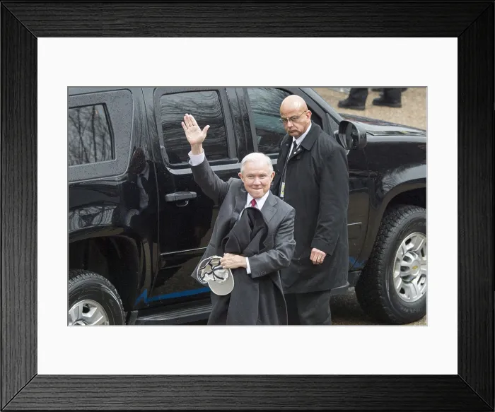 Framed Print : Senator Jeff Sessions, Donald Trumps first Attorney General, arriving at the White House reviewing stand for the Inaugural parade, Jan. 20, 2017