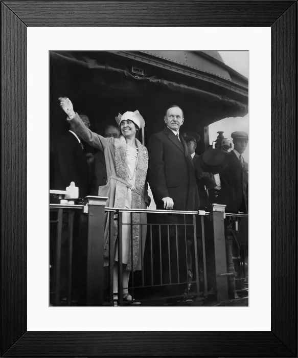 Framed Print : President Calvin Coolidge and Mrs. Grace Coolidge on back of train waving to the at crowd at Hammond, Indiana, June 14, 1927 (BSLOC_2020_2_140) Framed Print : President Calvin Coolidge and Mrs. Grace Coolidge on back of train waving to the at crowd at Hammond, Indiana, June 14, 1927 (BSLOC_2020_2_140)