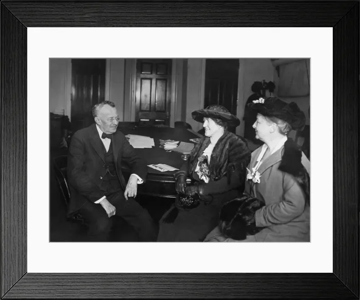 Framed Print : Representative Horace Mann Towner of Iowa meets with womens rights activists Mrs. Eugene Dieudonne (center) and Maud Wood Park (right), ca. 1920-1925