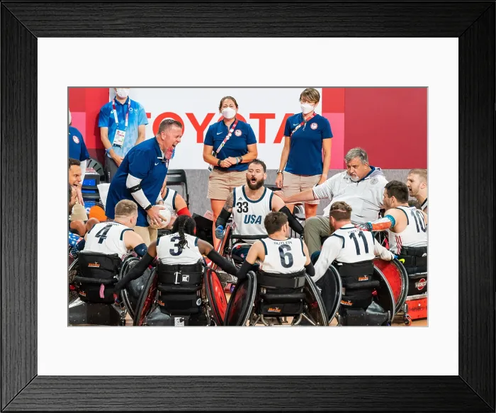 Framed Print : The US Wheel Chair Rugby team at the Tokyo Paralympics, Aug. 25, 2021. The US team advanced to the final match, losing the Gold Medal to Great Britain Framed Print : The US Wheel Chair Rugby team at the Tokyo Paralympics, Aug. 25, 2021. The US team advanced to the final match, losing the Gold Medal to Great Britain