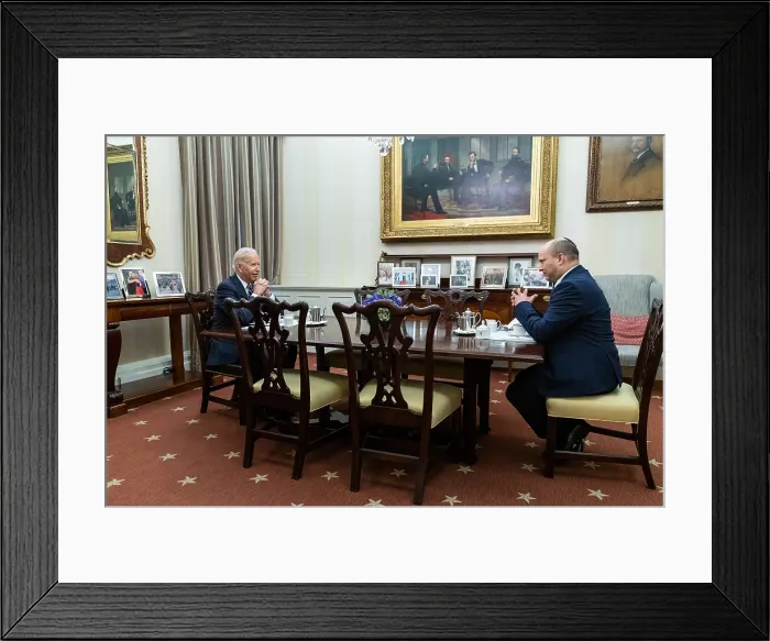Framed Print : President Joe Biden has coffee with Israeli Prime Minister Naftali Bennett, Aug. 27, 2021. Biden reaffirmed the United States and Israel partnership Framed Print : President Joe Biden has coffee with Israeli Prime Minister Naftali Bennett, Aug. 27, 2021. Biden reaffirmed the United States and Israel partnership