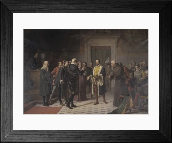 Framed Print : Torquato Tasso visiting the Academy of Catenati, by Tommaso Cingolani, 1901, 20th Century, oil on canvas - Italy, Marche, Macerata, Palace of the Prefecture. Whole artwork view