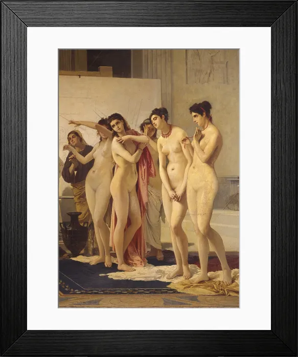 Framed Print : Zeuxis chooses five of the most graceful maidens submitted by the Croton, in order to study their shapes to paint the figure of Helen, by Pietro Michis, 1869, 19th Century