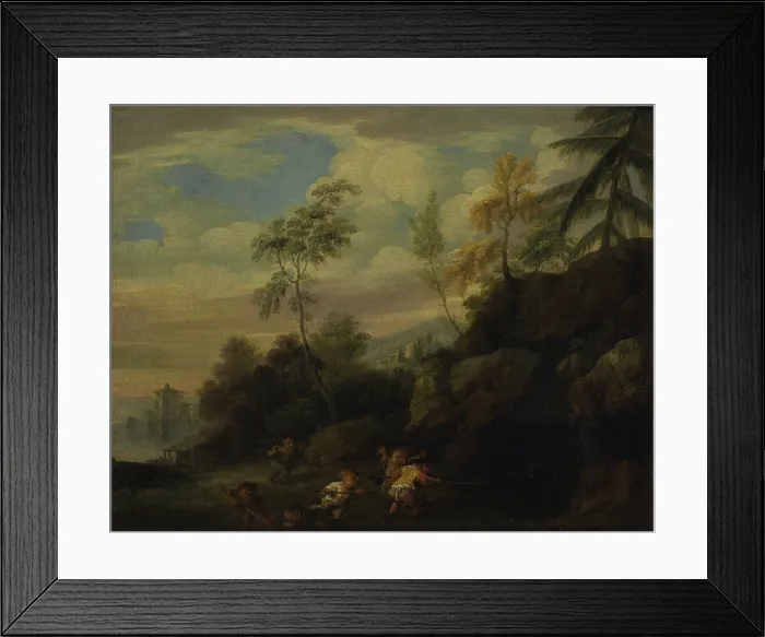 Framed Print : Dwarfs on the hunt for a wild boar, by Faustino Bocchi, 1659 - 1741, 17th - 18th Century, oil on canvas - Italy, Lombardy, Milan, Castello Sforzesco