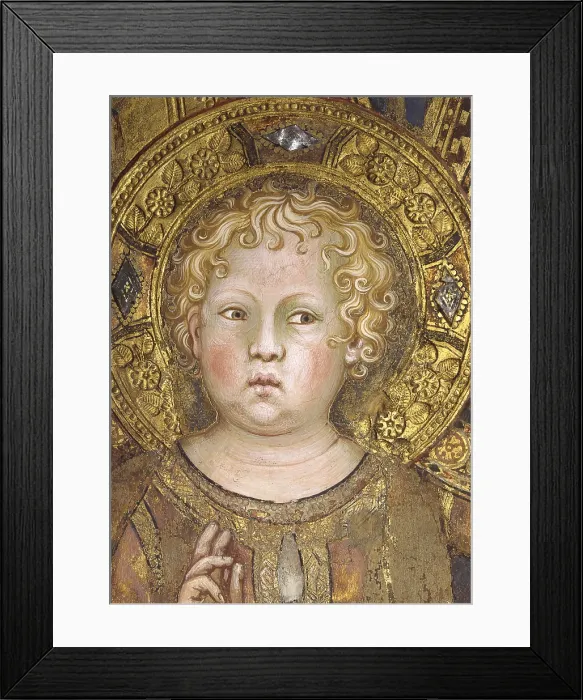 Framed Print : Majesty, by Simone Martini, 1313 - 1315, 14th Century, fresco, 763 x 970 cm - Italy, Tuscany, Siena, Public Palace. Detail. Detail of the face of baby Jesus Framed Print : Majesty, by Simone Martini, 1313 - 1315, 14th Century, fresco, 763 x 970 cm - Italy, Tuscany, Siena, Public Palace. Detail. Detail of the face of baby Jesus