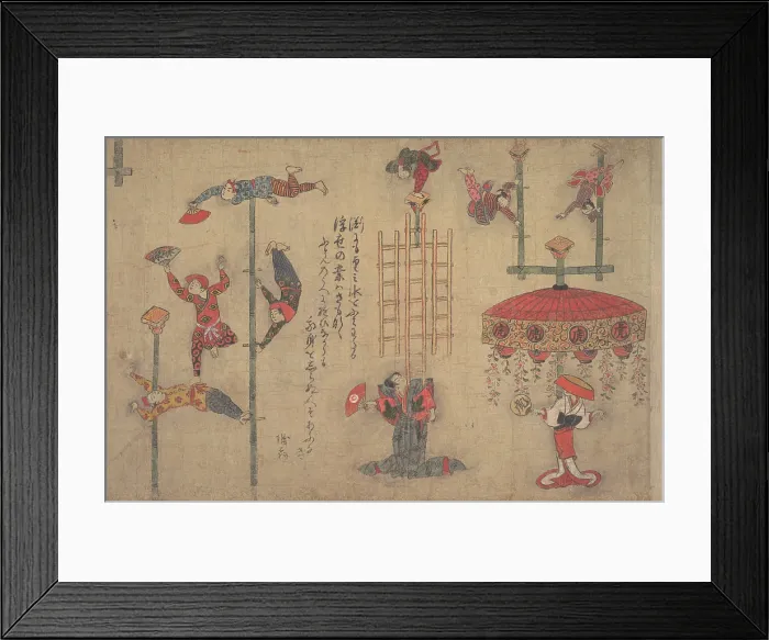 Framed Print : ACROBATS, 1880s, Japanese painting, ink and color on paper. Acrobats perform using bamboo poles and other props for balancing acts