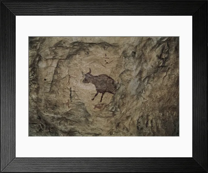 Framed Print : Bull in Levantine naturalistic style from Abrigo Mas d'en Ramon d'en Bess. Mesolithic art. Cave. SPAIN. Montblanc. Conca de Barber Regional Museum. Proc: SPAIN. Montblanc