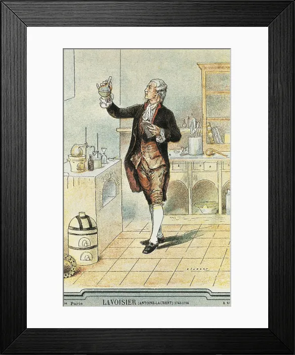 Framed Print : Lavoisier, Antoine-Laurent (1743-1794). Portrait at his laboratory with a bottle of mercury. Engraving. FRANCE. Paris. Muse Carnavalet (Carnavalet Museum)