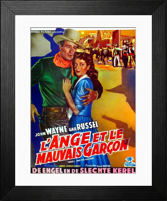 Framed Print : ANGEL AND THE BADMAN, (aka L'ANGE ET LE MAUVAIS GARCON), l-r: John Wayne, Gail Russell on Belgian poster art, 1947