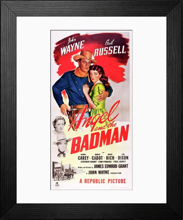 Framed Print : ANGEL AND THE BADMAN, top l-r: John Wayne, Gail Russell, bottom: Irene Rich on poster art, 1947 Framed Print : ANGEL AND THE BADMAN, top l-r: John Wayne, Gail Russell, bottom: Irene Rich on poster art, 1947
