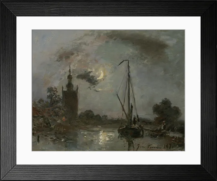 Framed Print : Overschie in the Moonlight, by Johan Barthold Jongkind, 1871, Dutch painting, oil on canvas. Near Rotterdam, a sailboat is moored near a church tower. (BSLOC_2016_1_225)