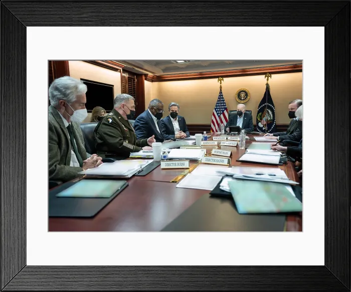 Framed Print : President Joe Biden meets with his National Security team about the Russian invasion of Ukraine, Feb. 20, 2022, in the White House Situation Room Framed Print : President Joe Biden meets with his National Security team about the Russian invasion of Ukraine, Feb. 20, 2022, in the White House Situation Room