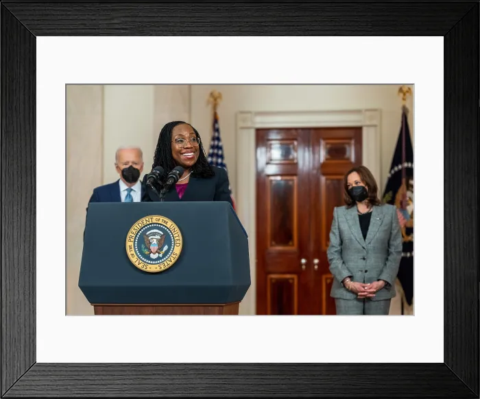 Framed Print : President Joe Biden, with Vice President Kamala Harris, listen as Judge Ketanji Brown Jackson speaks after her official nomination to the Supreme Court, Feb