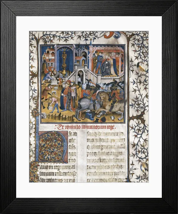 Framed Print : PETRARCH (1304-1374). 'De Viris Illustribus'. Fol. 4rv. Miniature depicting the foundation of Rome, a duel on horseback and the crowning of a king (14th c.)