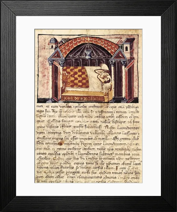 Framed Print : Legend of Argonauts. Jason and Medea on the bed. Illustration of the 'Historia destructionis Troaie' by Guido delle Colonne (Sevilla: Jcome Cromberger, 1545)