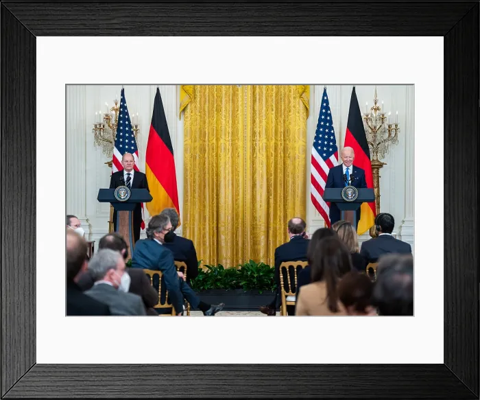 Framed Print : President Joe Biden and German Chancellor Olaf Scholz hold a press conference, Feb. 7, 2022 Framed Print : President Joe Biden and German Chancellor Olaf Scholz hold a press conference, Feb. 7, 2022