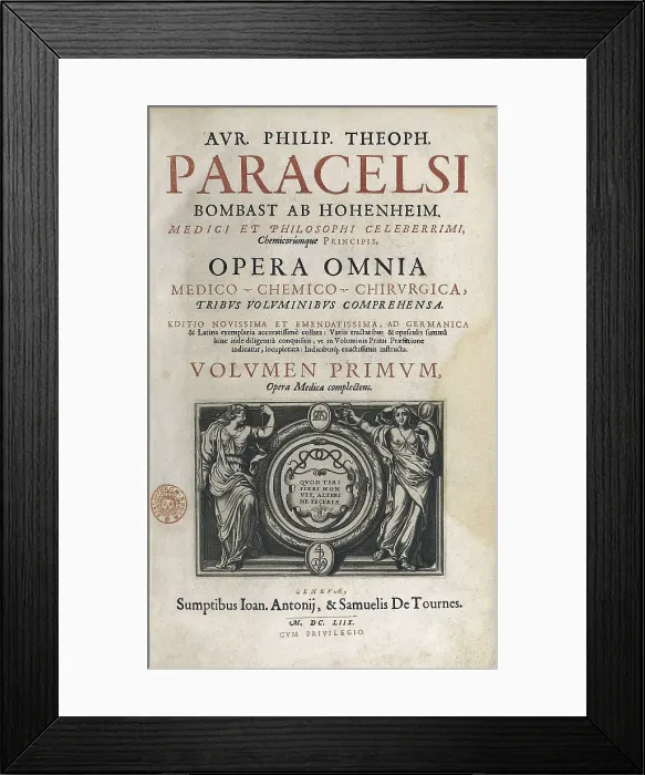 Framed Print : PARACELSUS, Philippus Aureolus (1493-1541). 'Opera Omnia'. Edition executed in Geneva in 1658. Frontispiece of the first volume. FRANCE. Paris. National Library Framed Print : PARACELSUS, Philippus Aureolus (1493-1541). 'Opera Omnia'. Edition executed in Geneva in 1658. Frontispiece of the first volume. FRANCE. Paris. National Library