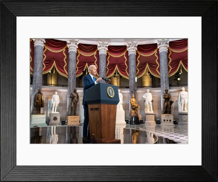 Framed Print : President Joe Biden speaks in National Statuary Hall on the one-year anniversary of the January 6 attack on the US Capitol, January 6, 2022