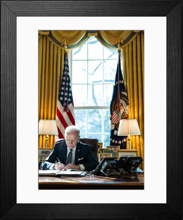 Framed Print : President Joe Biden in a telephone conversation with French President Emmanuel Macron, Feb. 15, 2022 Framed Print : President Joe Biden in a telephone conversation with French President Emmanuel Macron, Feb. 15, 2022