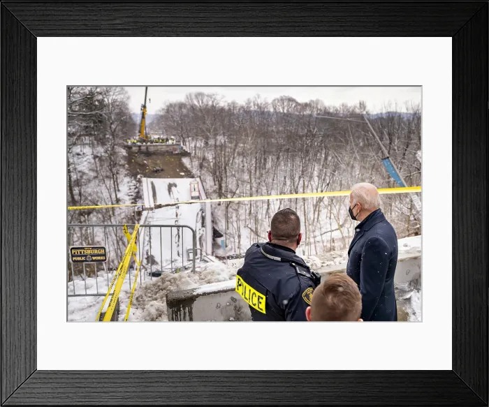 Framed Print : President Joe Biden visits the Frick Park bridge collapse, Jan. 28, 2022, in Pittsburgh, Pennsylvania