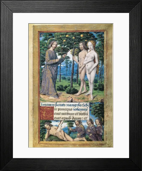 Framed Print : Book of Hours for Charles V. 16th c. The Creation of Adam and Eve and Eve in the Paradise. French School. Renaissance art. Miniature Painting. SPAIN. Madrid. National Library