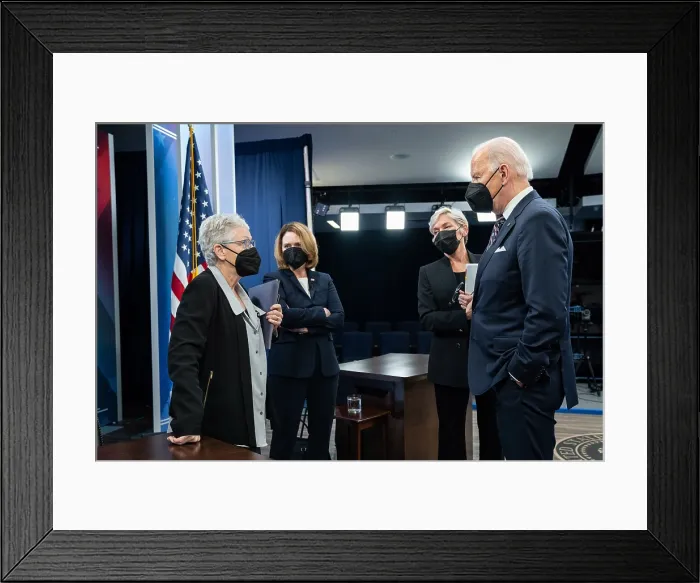 Framed Print : President Joe Biden talks with Climate Adviser, Gina McCarthy; Deputy Sec. of Defense, Kathleen Hicks; and Energy Sec